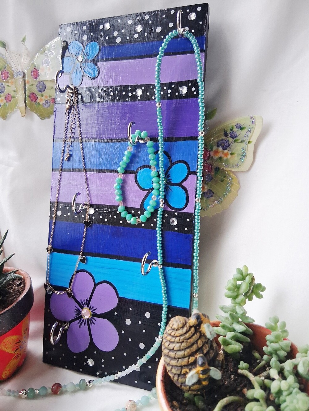 Hand-Painted Wall Art Floral Striped Wood Plaque in Blue & Purple